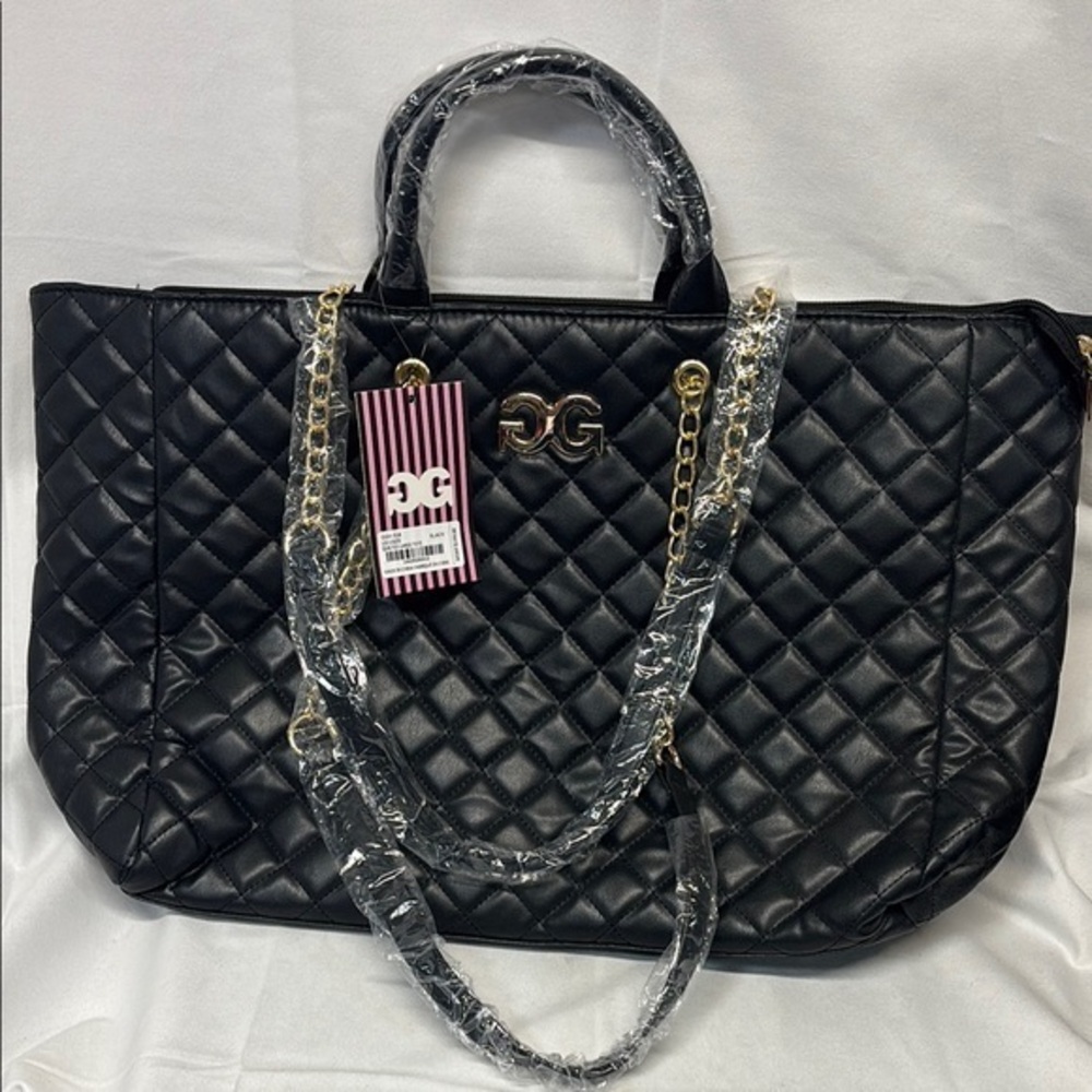 Gilda Paris Black Quilted large tote Handbag with Gold Chain new